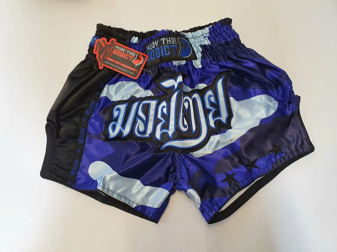 Muay Thai Addict- Blue Camo Single Panel Stars Muay Thai Shorts 1 Muay Thai Addict- Blue Camo Single Panel Stars Muay Thai Shorts