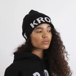 KRONK Detroit Bobble Hat Black With White Knitted Logo