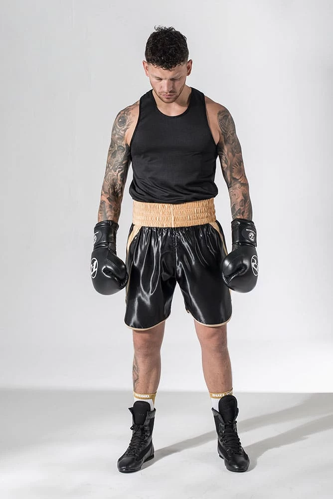 SUZI WONG BLACK & GOLD SHEEDY CURVED BOXING SHORTS CLOTHING 3 SUZI WONG BLACK & GOLD SHEEDY CURVED BOXING SHORTS CLOTHING