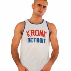 KRONK Iconic Detroit Applique Training Gym Vest White With Red & Blue Logo CLOTHING